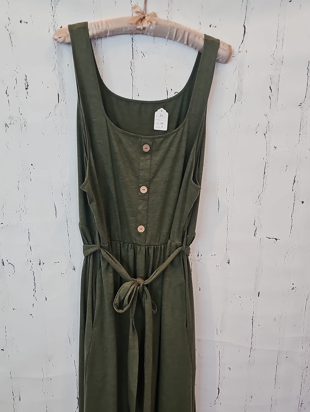 Sleeveless Olive Green Button-Front Midi Dress with Tie Waist 112